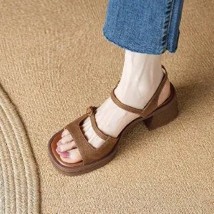 Women's open toe square toe platform sandals in retro style with PU upper and rubber sole