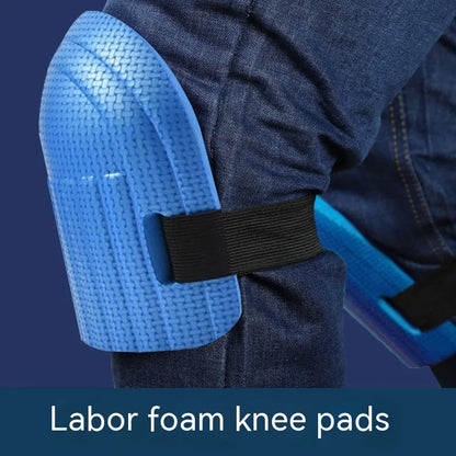 A pair of thick EVA foam kneepads in blue, shown on a tile floor.