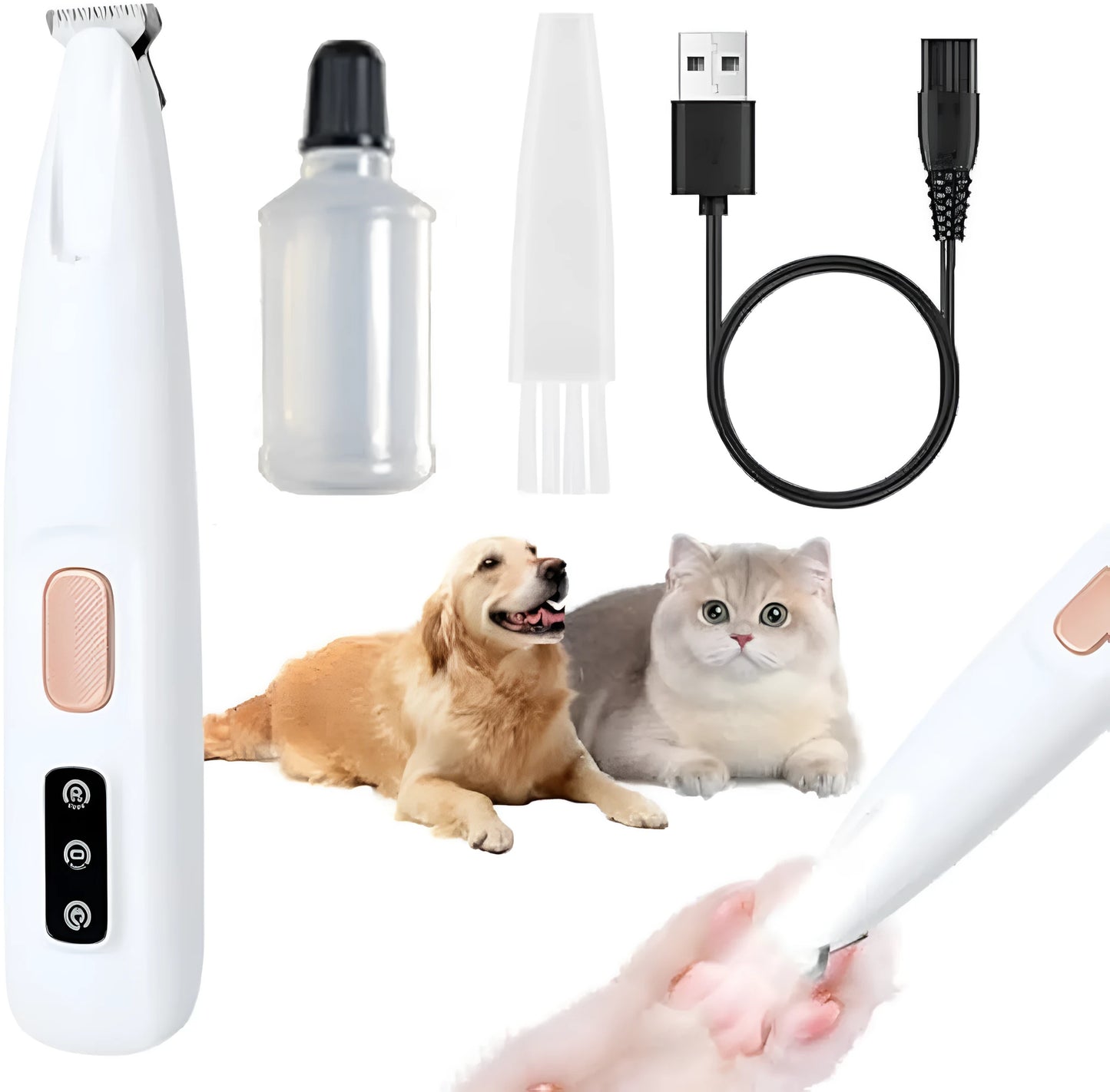 White rechargeable electric dog paw trimmer with LED light on a grey surface.