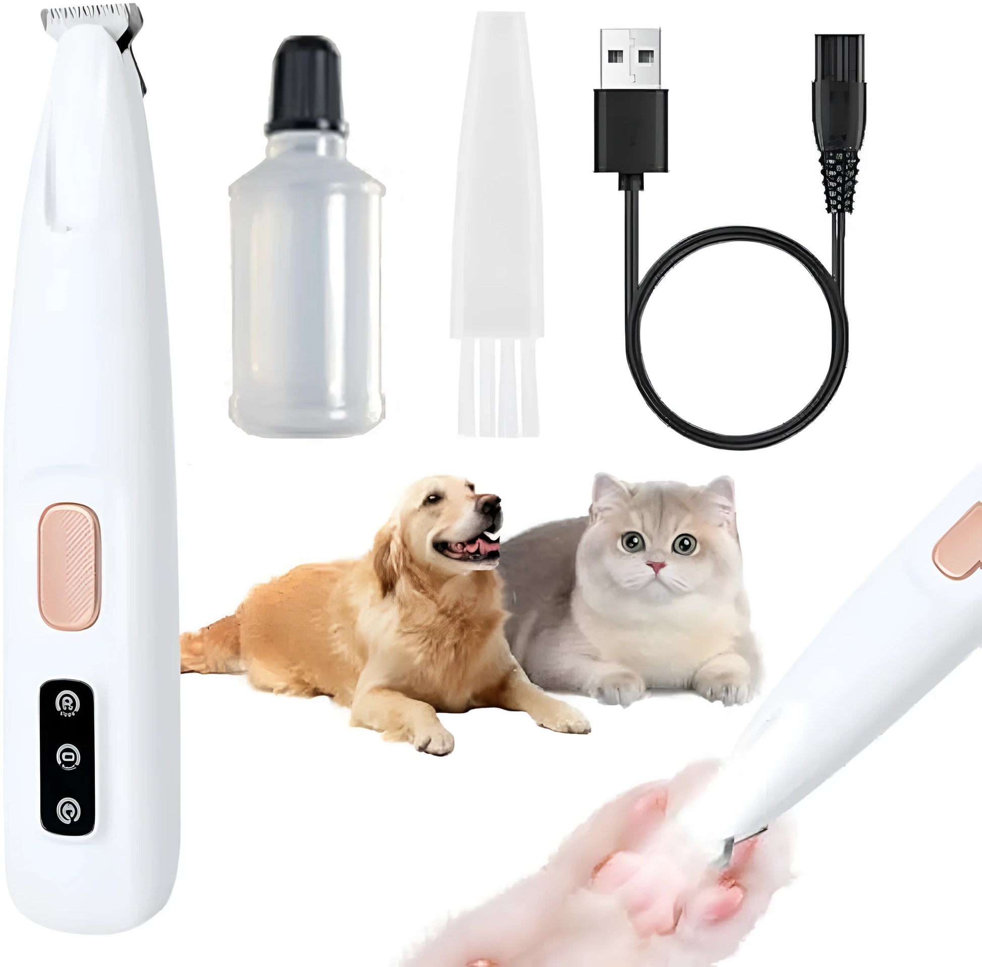 White rechargeable electric dog paw trimmer with LED light on a grey surface.