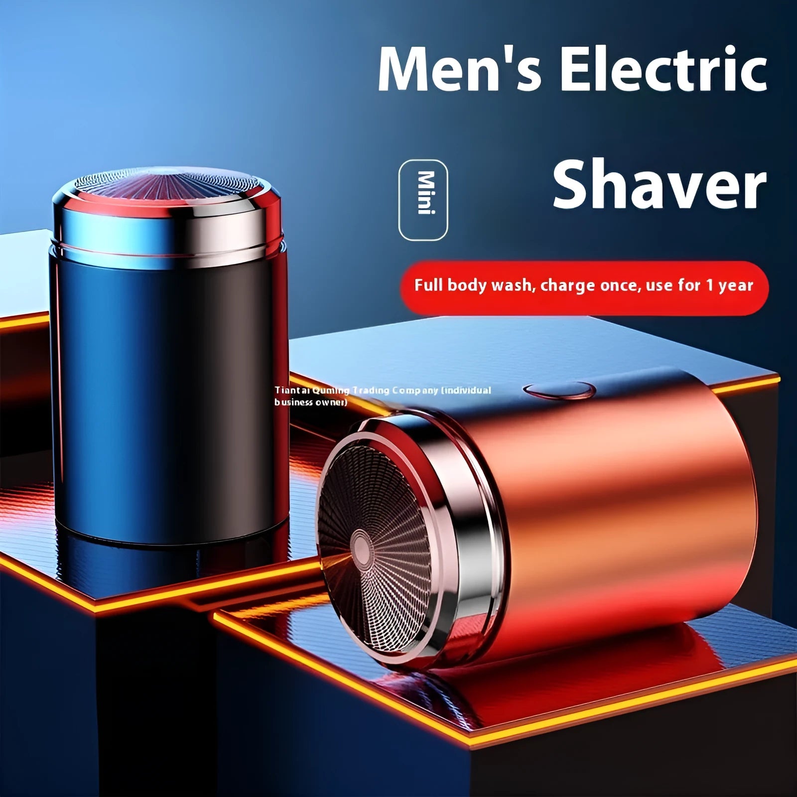 Mini gold and black men's electric shaver with washable design and low-noise brushless motor.