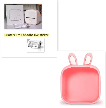 Compact Bluetooth-enabled thermal label printer in white, pink, and green colors with various label options