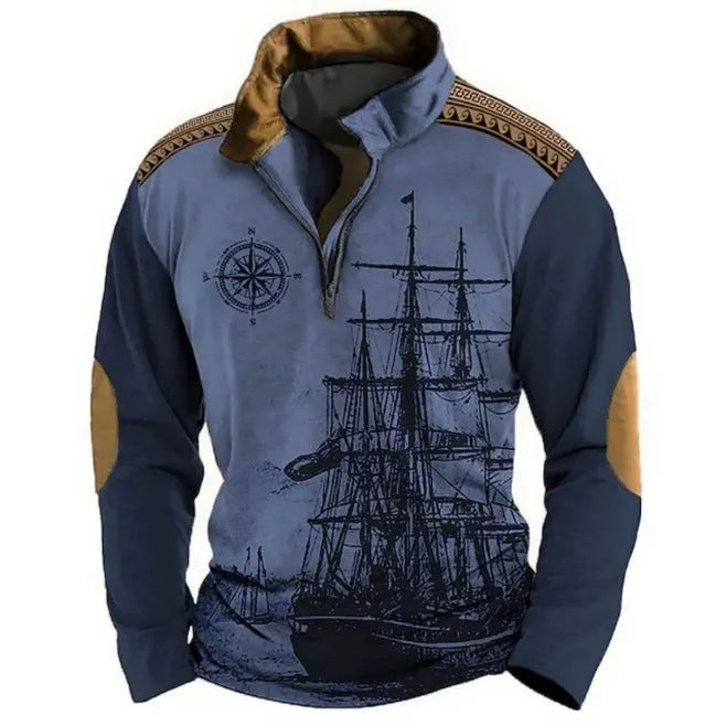 Men's retro striped long sleeve golf polo shirt with zipper decoration detail in bird eye cloth polyester