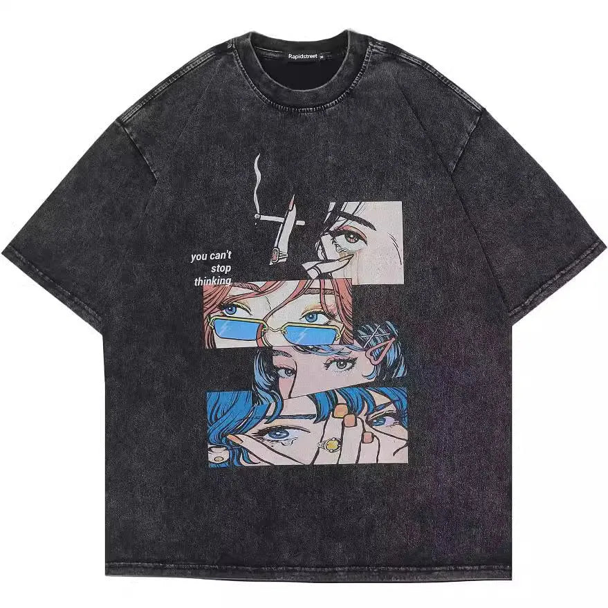 Men's washed black cotton T-shirt with retro cartoon print and short sleeves