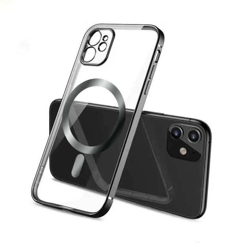 Electroplated magnetic suction back cover for iPhone case in multiple colours including black and blue.