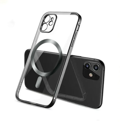 Electroplated magnetic suction back cover for iPhone case in multiple colours including black and blue.