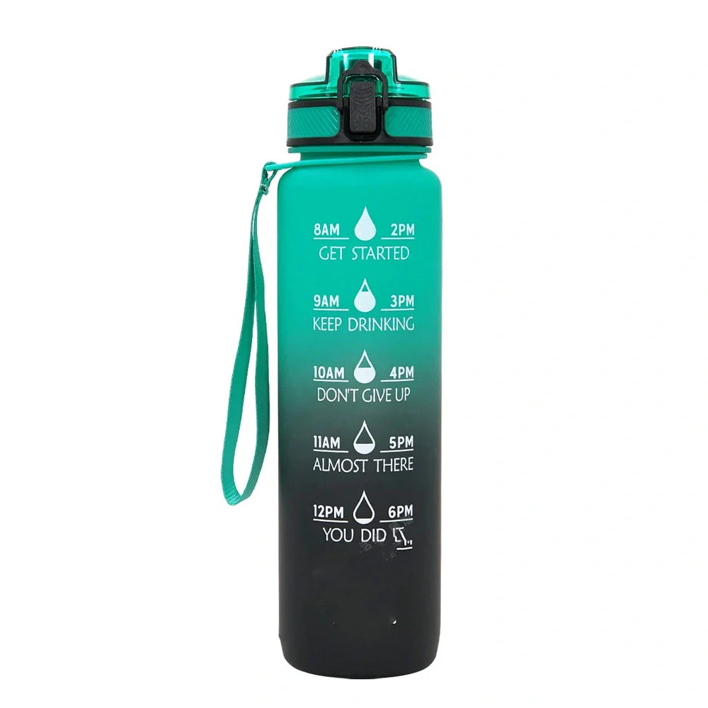 1000ml gradient plastic sports water bottle in blue-green, 29.5cm height, food grade with secure lid for hydration