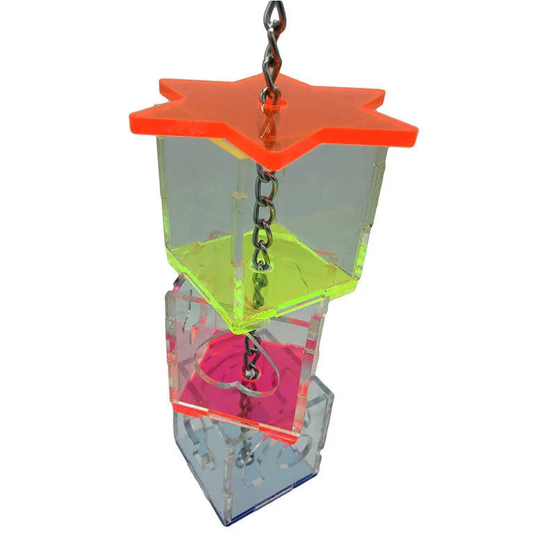 Transparent acrylic bird foraging toy with dimensions 5 cm by 5 cm by 32 cm.
