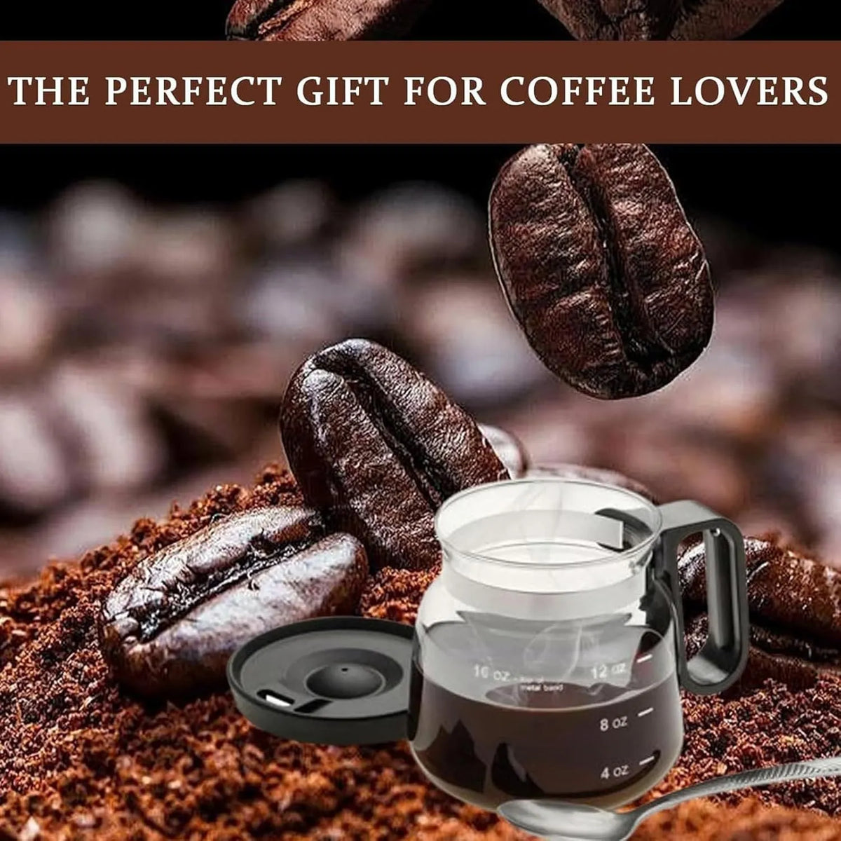 Black glass coffee cup with coffee pot style design, 470ml capacity