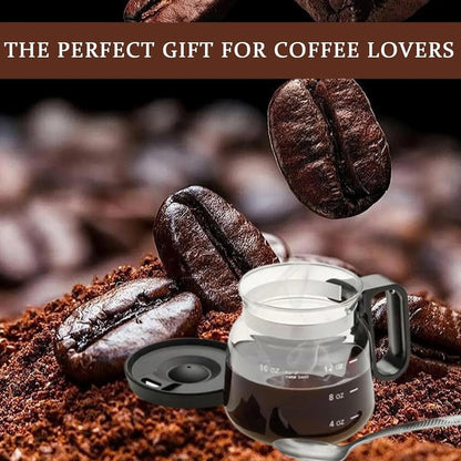 Black glass coffee cup with coffee pot style design, 470ml capacity