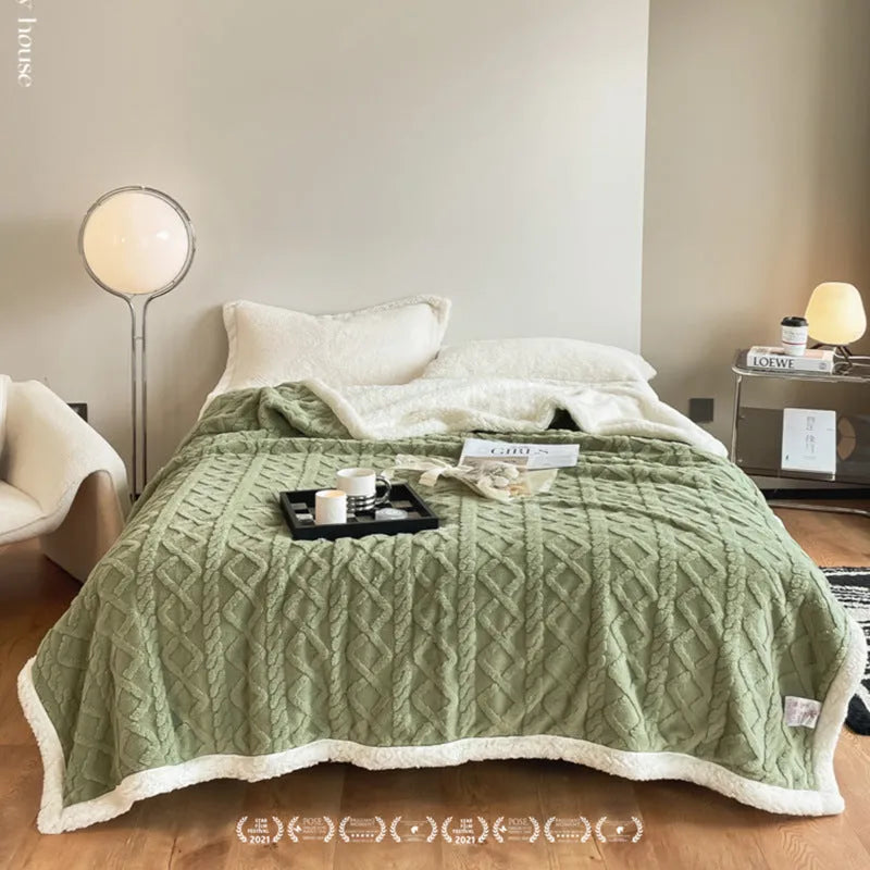 180x200cm thermal flannel blanket in tea green colour showing taffeta weave texture and modern design