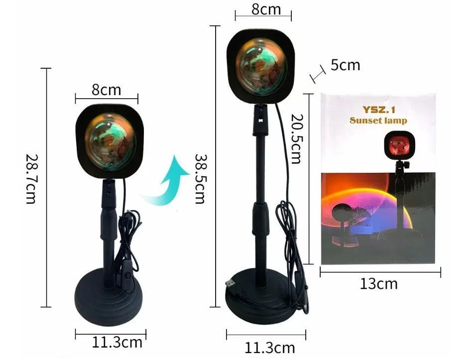 USB rechargeable sunset projection lamp showing rainbow and red lighting effects