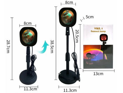 USB rechargeable sunset projection lamp showing rainbow and red lighting effects