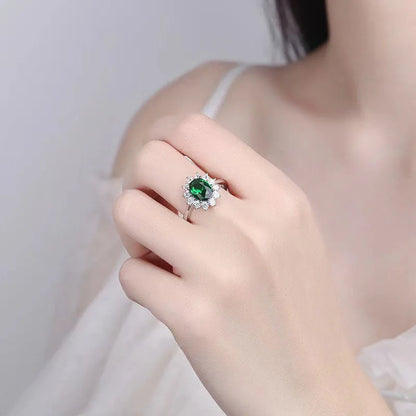 Copper women's ring with flower design in green, blue, or red electroplated finish