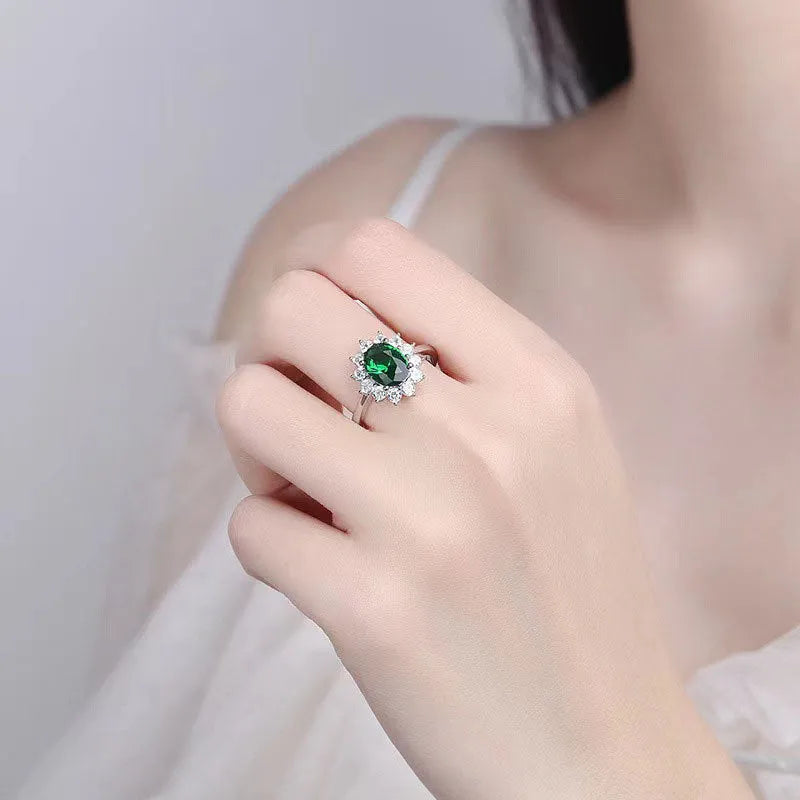 Copper alloy women's ring featuring flower design with electroplated colour finish in green, sapphire blue, or pomegranate red, available in sizes 6 to 10 for fashion wear