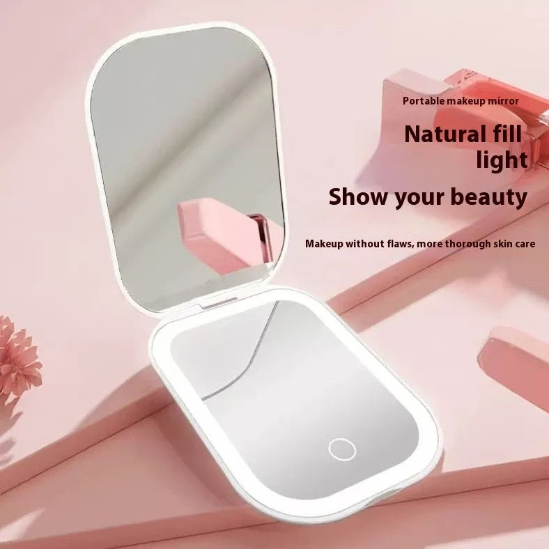 White foldable cosmetic mirror with LED lights showing 10.4x7.5cm glass lens and 105x75mm frame