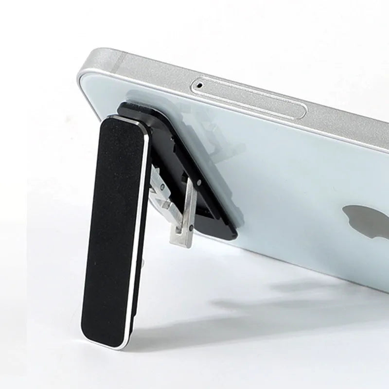 Aluminium folding mobile phone holder with backstick adhesive shown in black colour at 4mm thickness
