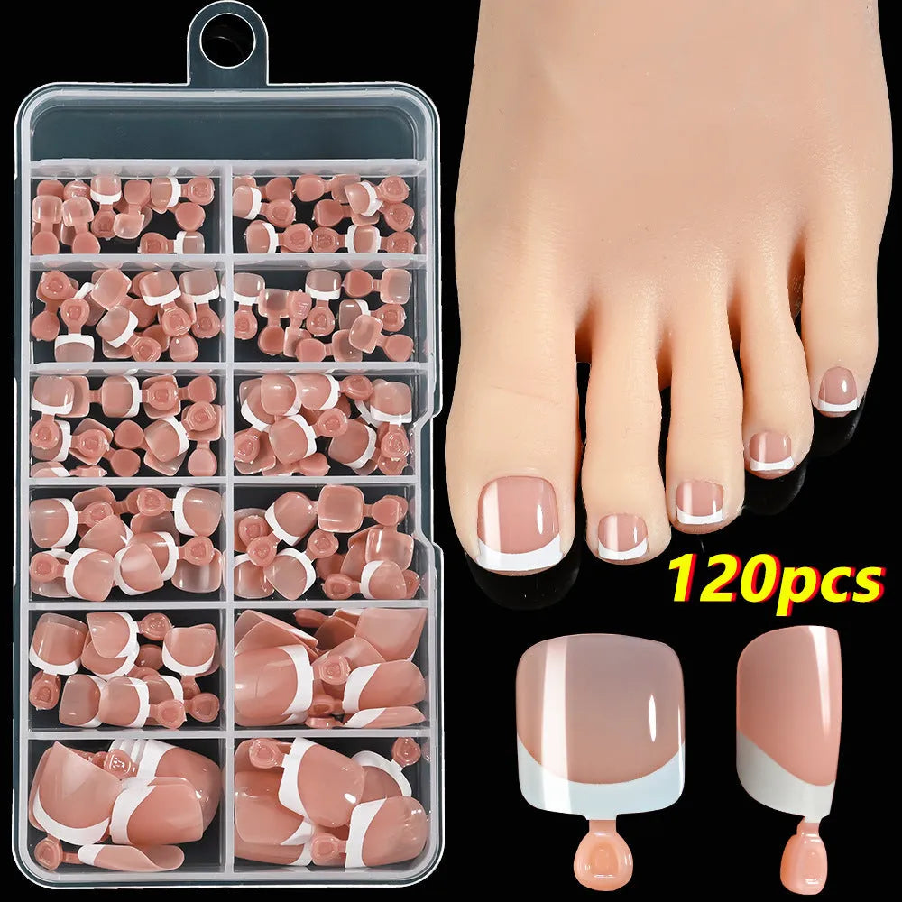 120-piece French white edge toenail pieces in nine natural nude shades, full square short shape for easy application