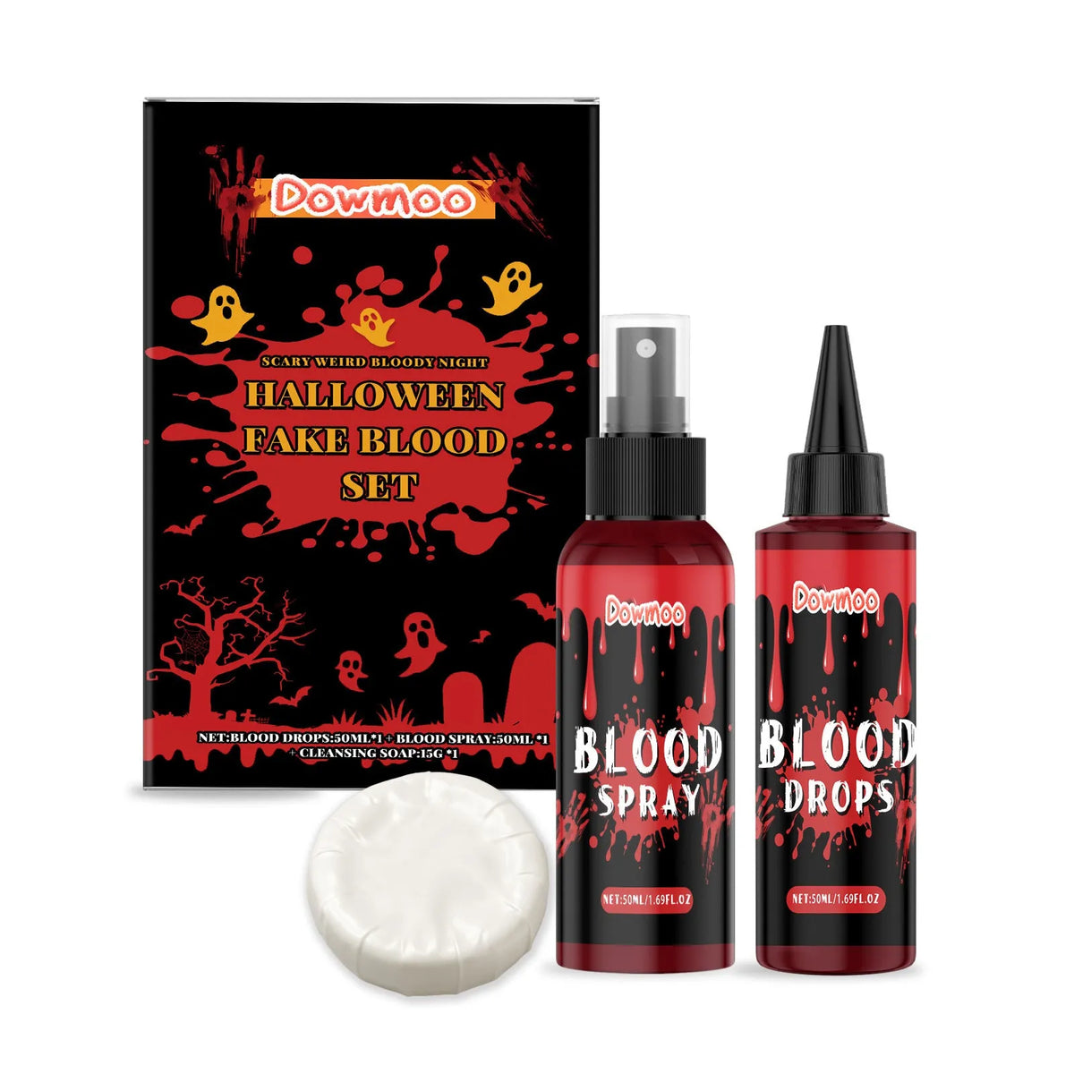 Three-piece washable fake blood set with plasma drops, plasma spray, and surface soap for horror effects
