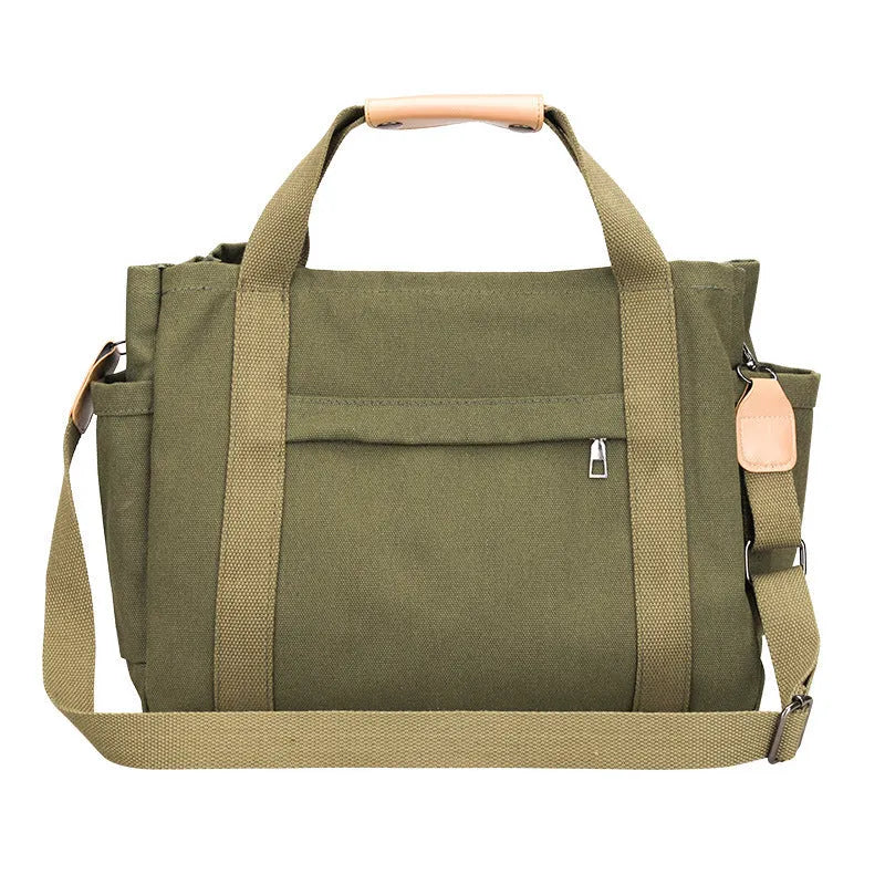 Large canvas tote bag in horizontal square shape with open-zip sides and internal organisers