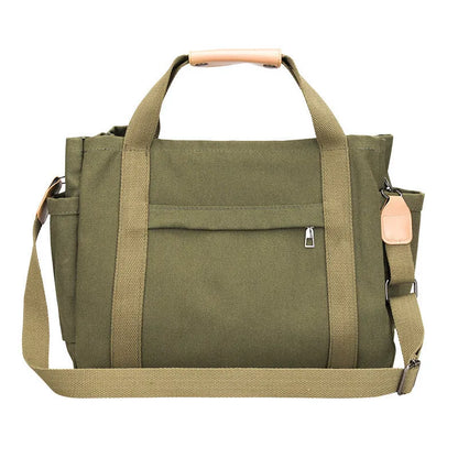 Large canvas tote bag in horizontal square shape with open-zip sides and internal organisers