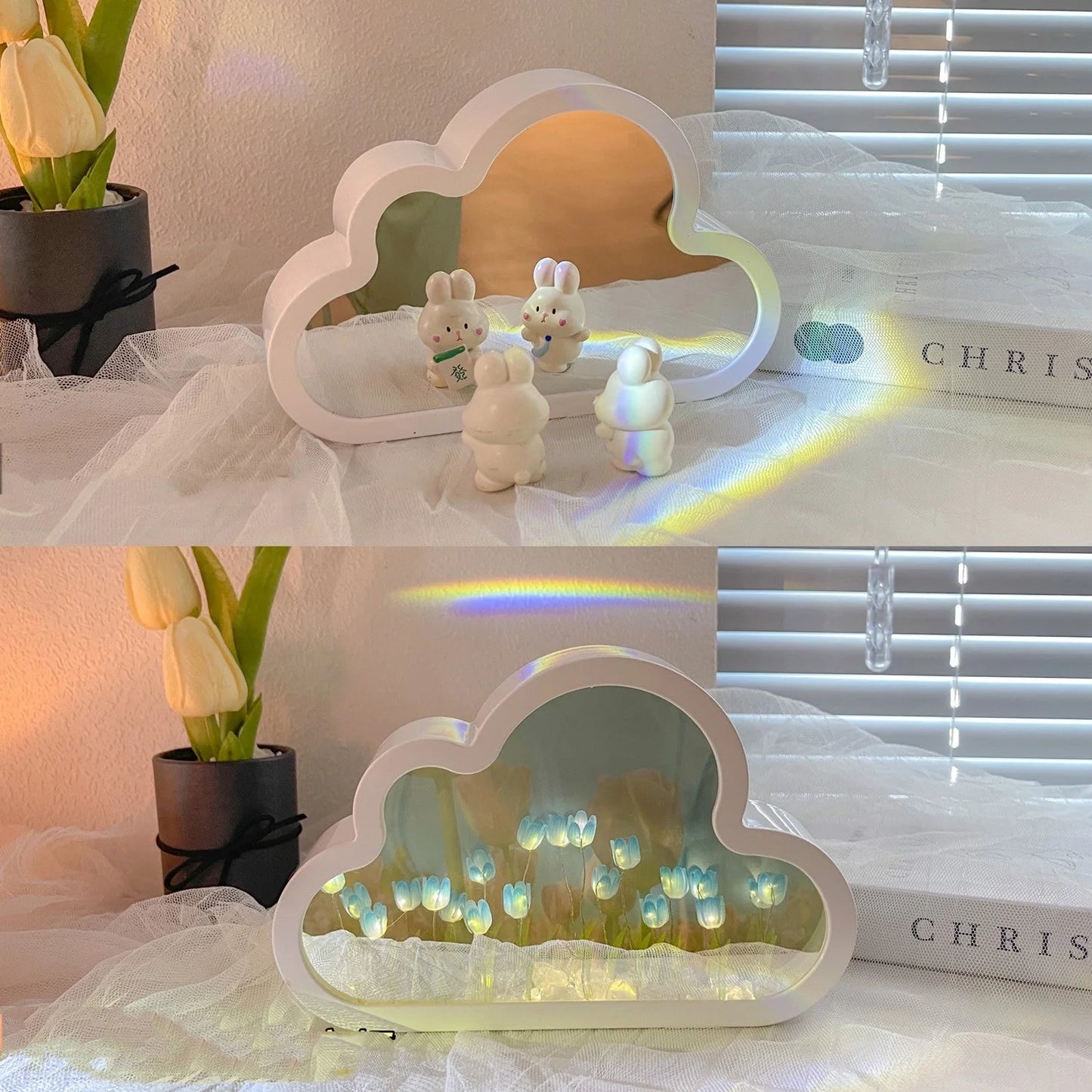 DIY Tulip Night Lamp with decorative mirrors and LED lighting in pink, purple, and blue