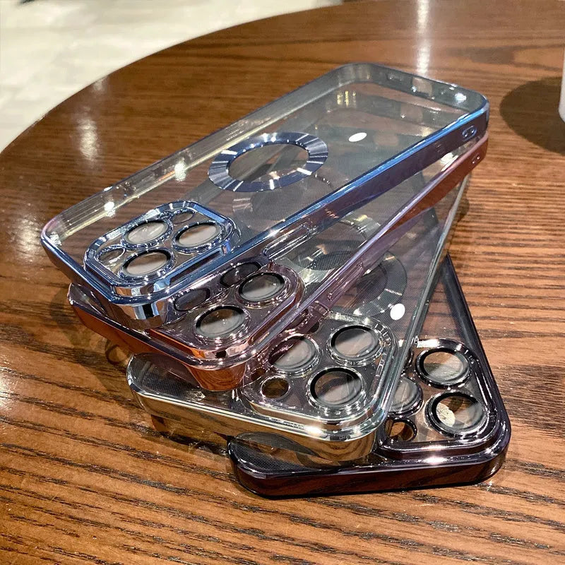 Electroplated silicone iPhone case with built-in camera lens protector shown in Far Peak Blue colour.