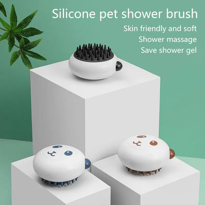 Panda-shaped silicone pet shower brush for dogs and cats in black colour with soft massage bristles