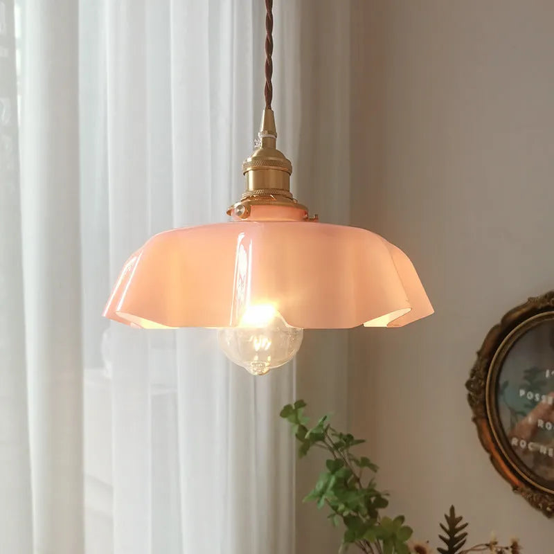 Medieval French brass flower bud chandelier with glass body and adjustable hanging chain