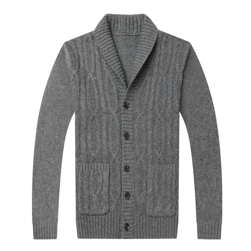 Men’s Thickened Jacquard Knitted Cardigan Jacket Warm Autumn Winter Outerwear for Young Men Available in Multiple Sizes and Four Neutral Solid Colours