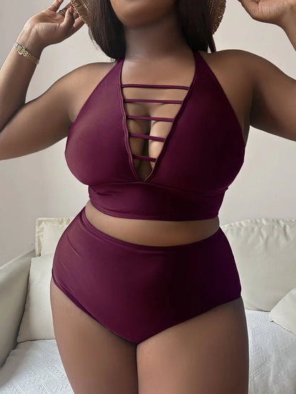 Plus size halter bikini set with adjustable straps and high-waist briefs in solid colour