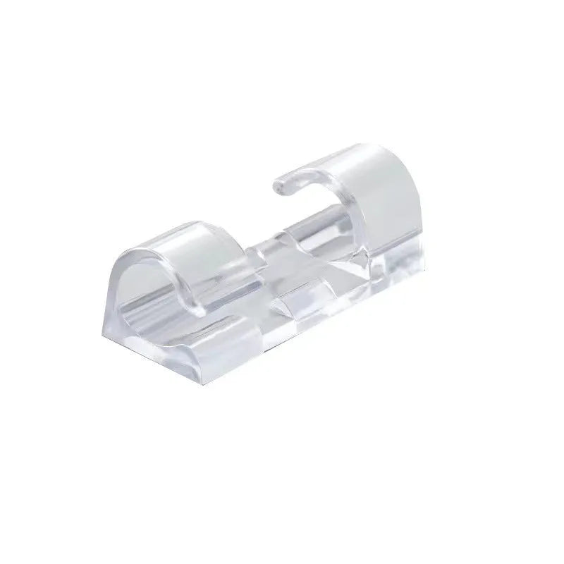 Transparent self-adhesive plastic cable clips for wire management, shown in a pack.