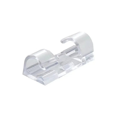 Transparent self-adhesive plastic cable clips for wire management, shown in a pack.