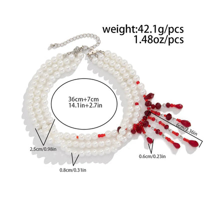 Men's Halloween blood drop tassel necklace with artificial crystal pendant and imitation pearl chain