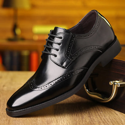 Men's soft-soled business shoes in black or light brown with artificial PU upper and rubber outsole, sizes 39-48