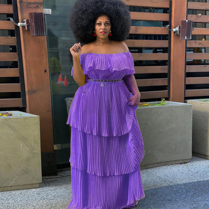 Off-shoulder backless sleeveless pleated maxi dress in yellow red green purple black wine red, sizes S to 4XL