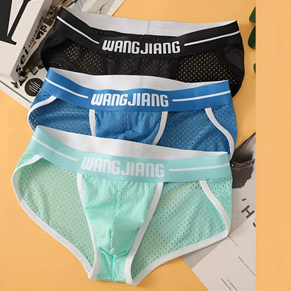 Men's solid colour Ice Silk triangle briefs on a white background, showing the mesh fabric texture.