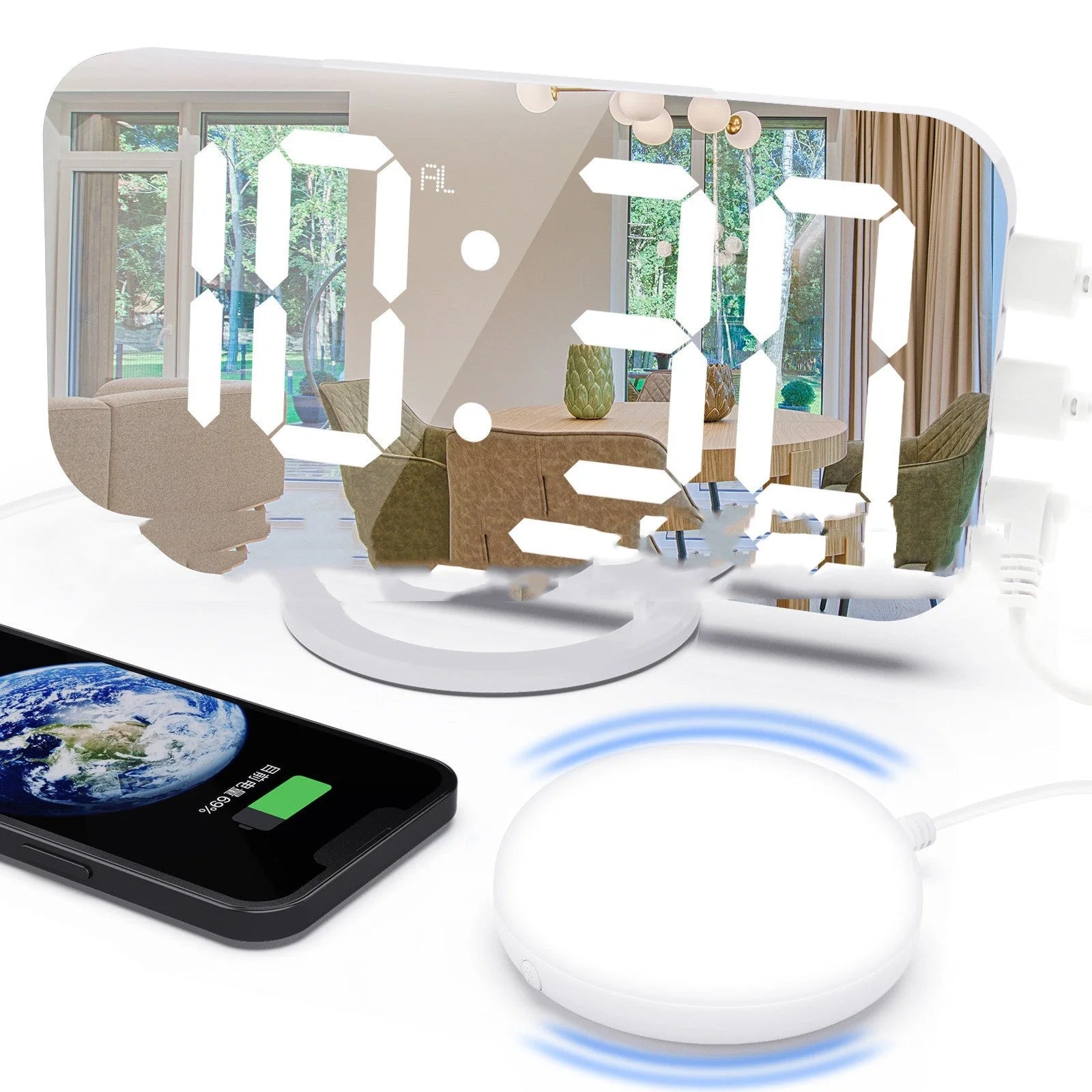 Digital Mirror Clock with adjustable LED display and dual USB ports