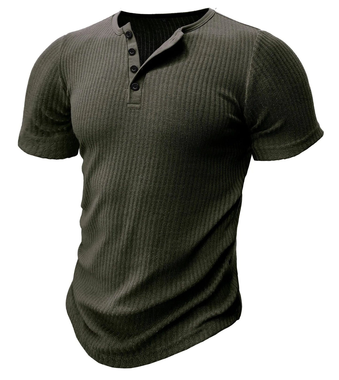 Men's slim-fit short-sleeved polyester muscle t-shirt in army green on a white background.