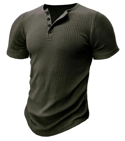 Men's slim-fit short-sleeved polyester muscle t-shirt in army green on a white background.