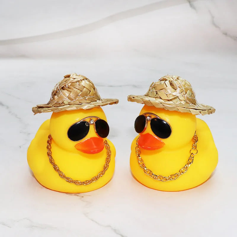 Straw Hat Yellow Duck cartoon car dashboard ornament with removable sunglasses necklace