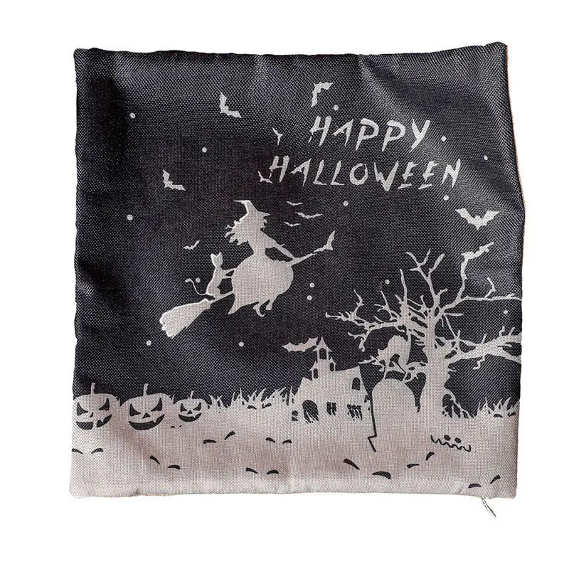 Halloween-themed square cloth pillowcase showing four design options: castle, ghost, pumpkin, and witch styles.