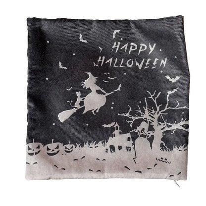 Halloween-themed square cloth pillowcase showing four design options: castle, ghost, pumpkin, and witch styles.