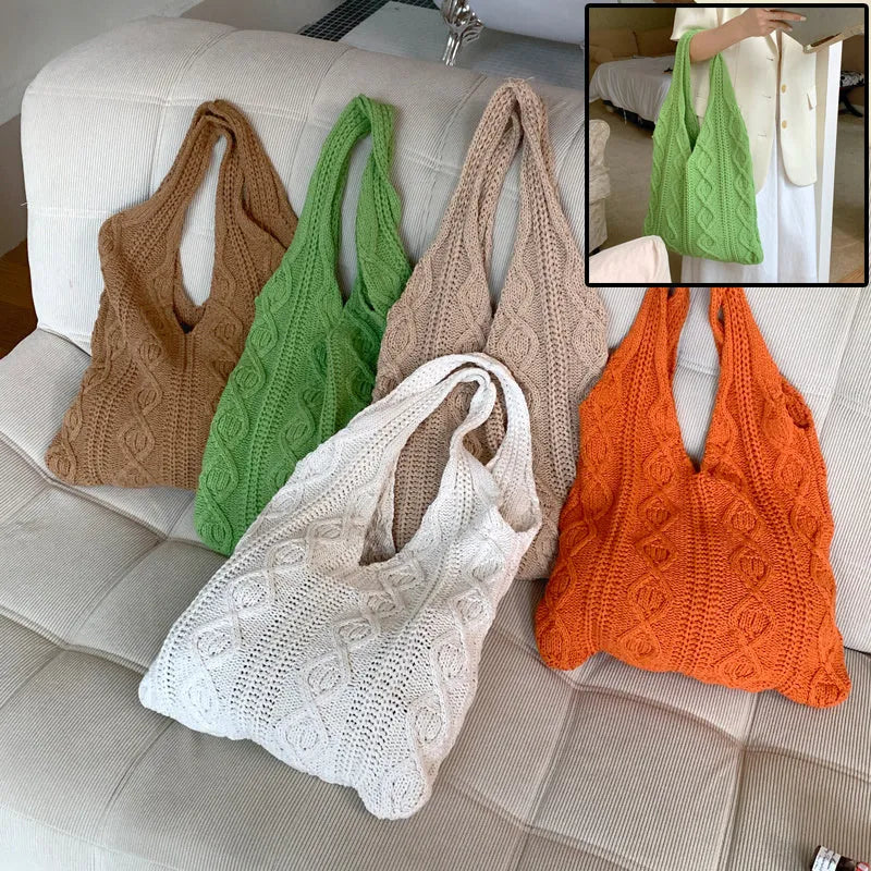 Women's retro crochet shoulder bag in hollow-knitted polyester with double straps, shown in khaki colour