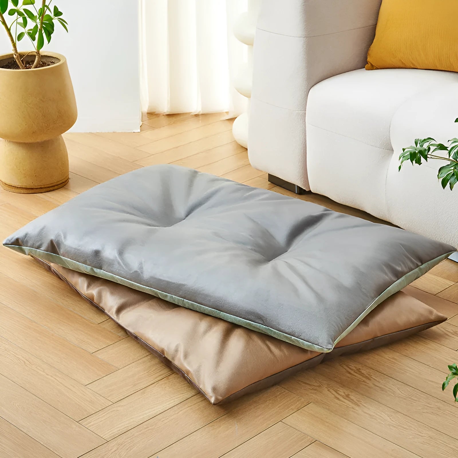 Blue and coffee coloured rectangular pet cooling mat shown in small, medium, large, and extra-large sizes.