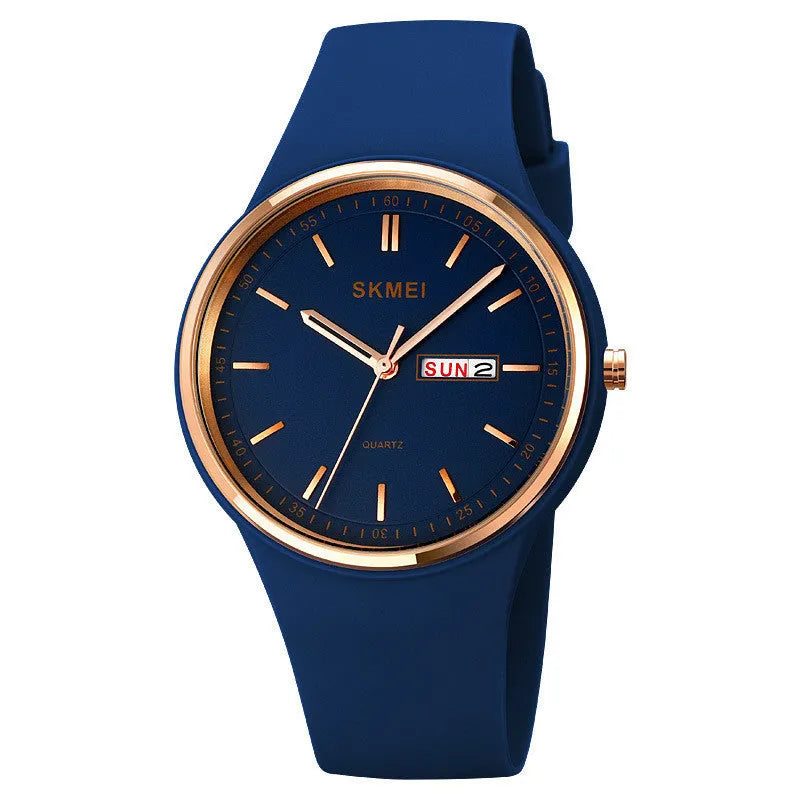 Women's quartz watch with a silicone strap and calendar on a 42mm white dial.