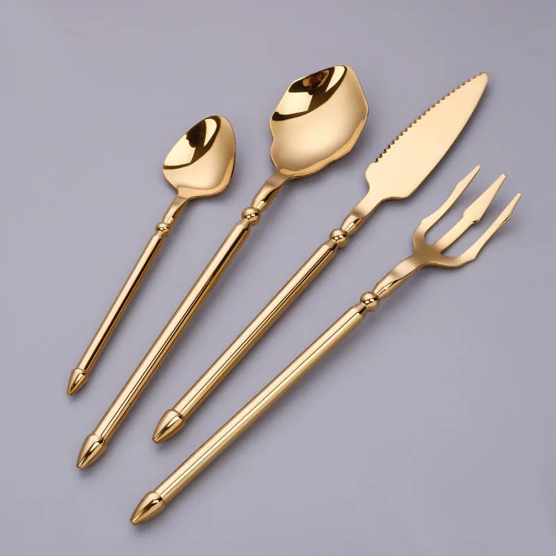 Stainless steel knife, fork, and two spoons set in a choice of seven metallic colour finishes.