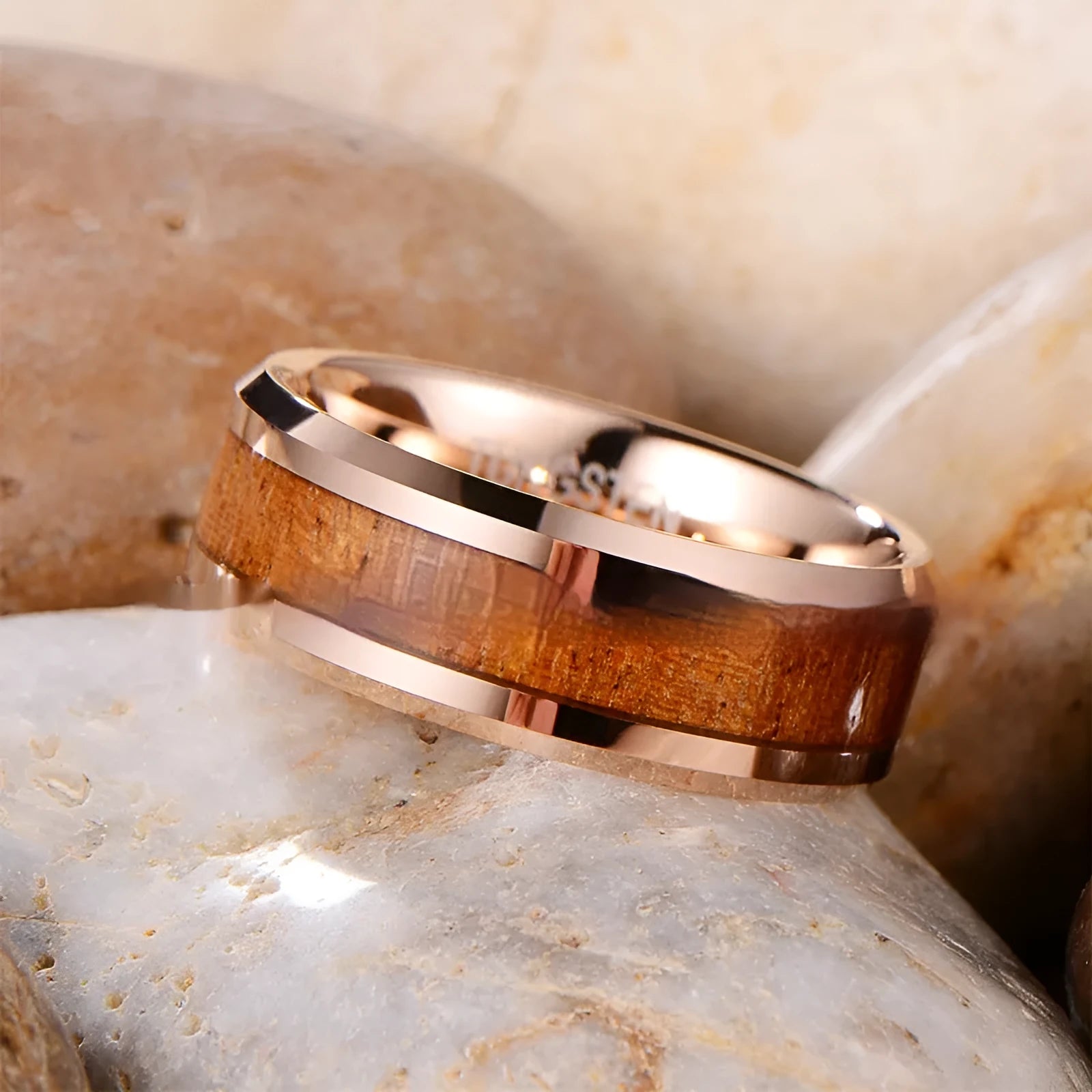Men's tungsten ring with wood and leather inlay on a U-shaped 8mm wide band.