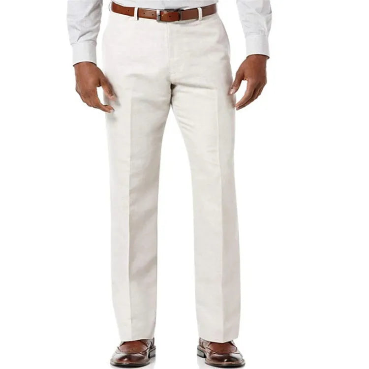 Men's beige white linen casual trousers with slant pockets laid flat