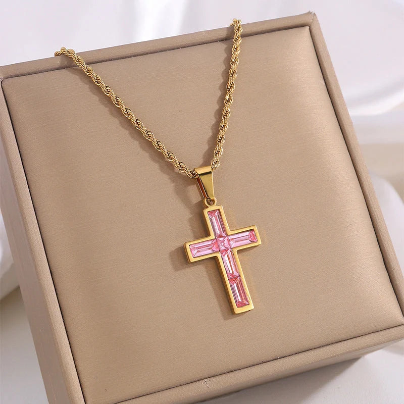 Elegant European and American-inspired diamond cross necklace with unique geometric design and vibrant, fade-resistant finish